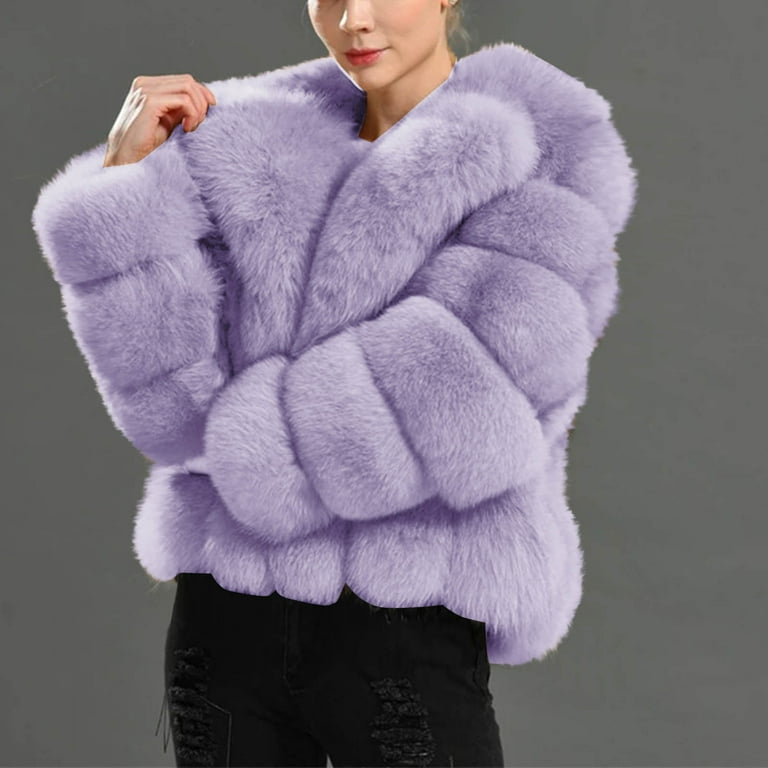 SEAOPEN Deals Womens Cropped Faux Fur Jacket Shaggy Lapel Zip Up