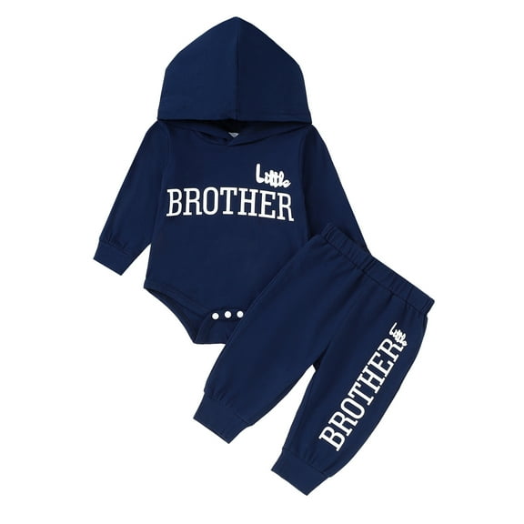 6 Months Baby Boys Clothes 9 Months Boys 2PCS Hoodie Romper Outfits Set Letter Print Infant Boys Long Sleeve Top Pants Set Blue