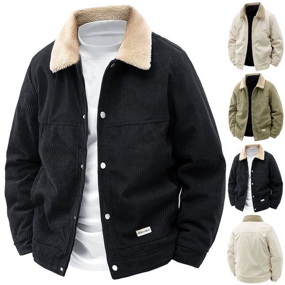 Zedker Men's Winter Jacket Fleece Lined Casual Thermal Trucker Coat Lightweight Cotton Cargo Work Jacket with Pockets for Fall Black L