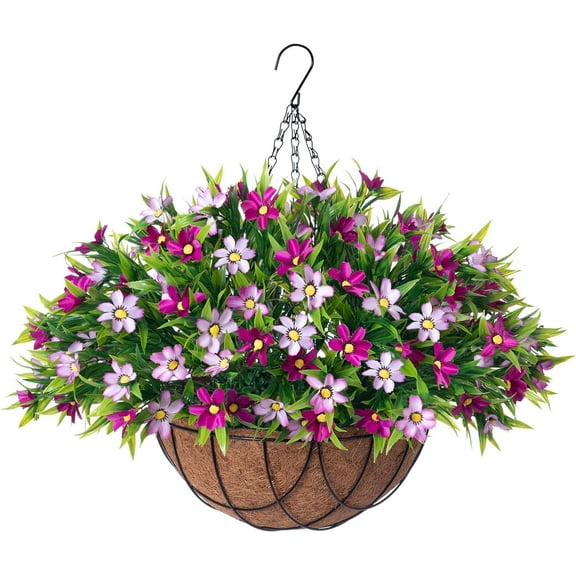 Artificial Hanging Flowers with 12" Basket for Outdoor Decor, Faux Silk Daisy Flower UV Resistant Plants Arrangements Decoration for Indoor Porch Garden Yard(Rose Red)