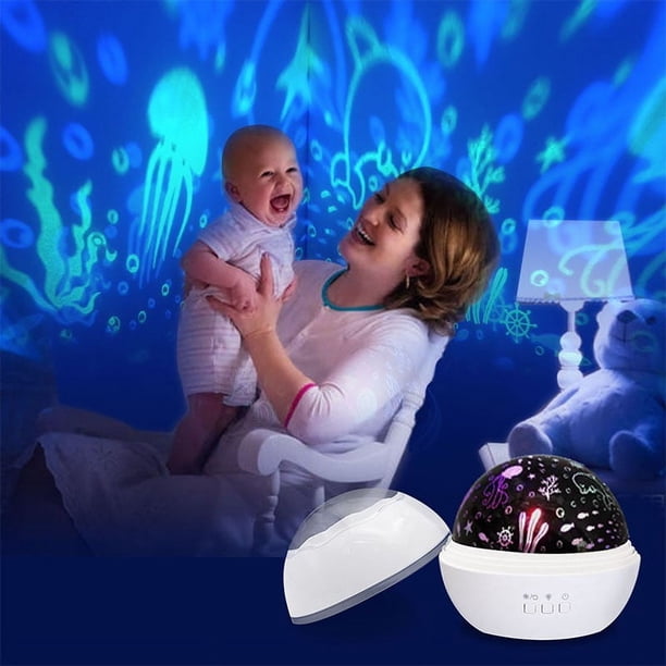 Lámpara de proyección de estrellas giratoria romántica con luz de noche, lámpara de bola para dormitorio, lámpara para dormir para bebés con USB