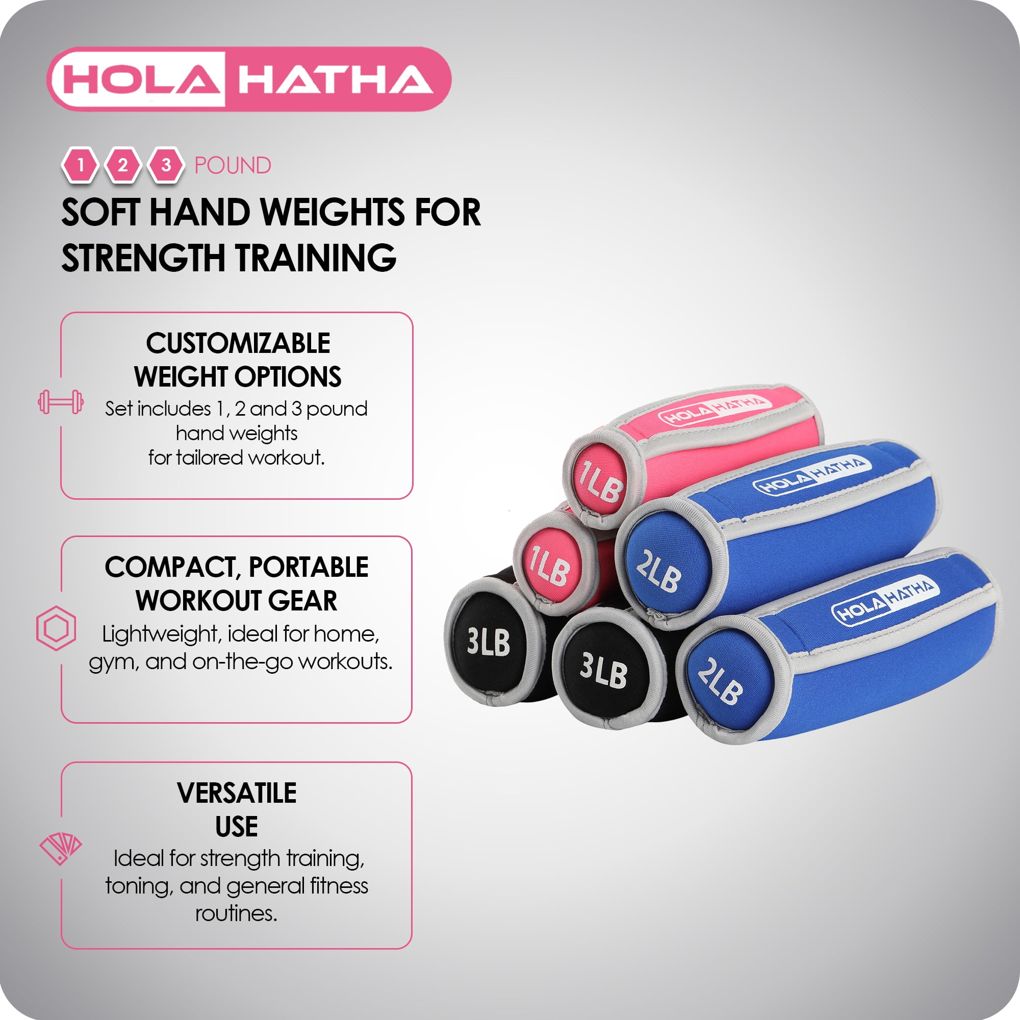 HolaHatha Soft Hand Weights Strength Training Equipment 1, 2, and 3 lb Sets