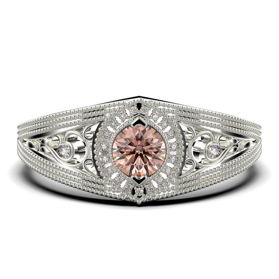Antique Style Gorgeous Art deco 1.25 Carat Round Cut Morganite And Diamond Moissanite Unique Engagement Ring, Vintage Look Wedding Ring in 10k Solid White Gold, Promise Ring, Anniversary Ring