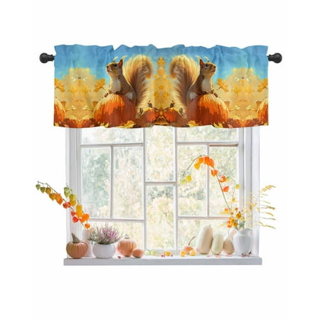 Rod Pocket Window Valances Fall Watercolor Cute Squirrel on Pumpkin Short Kitchen Curtains Autumn Maple Leaves Window Treatment Drapes for Bedroom Bathroom Living Room 42x12In 1 Panel