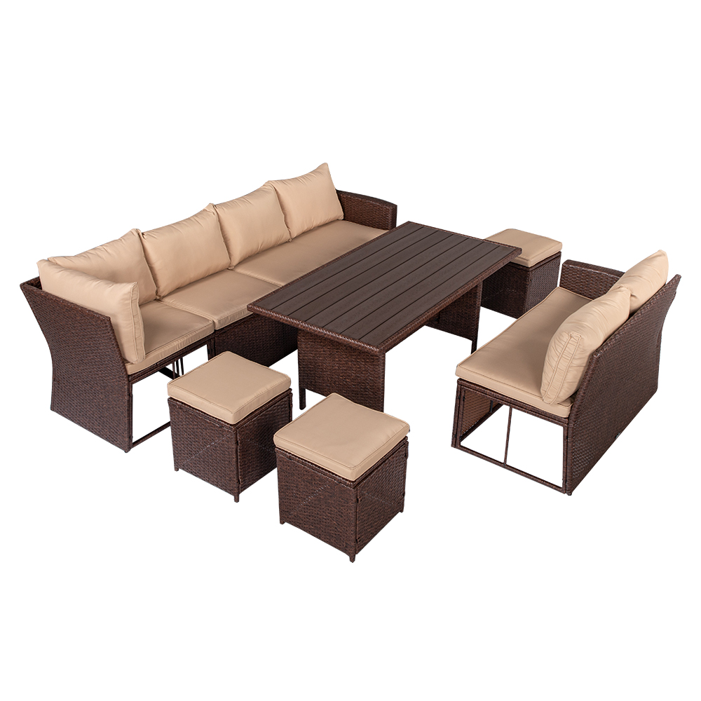 BMTBUY Eight-Piece Set Outdoor Rattan Dining Table And Chair Brown Wood Grain Rattan Khaki Cushion Plastic Wood Surface - image 3 of 10