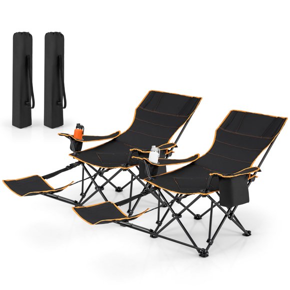 Patiojoy Portable Folding Camping Chair 2-in-1 Reclining Camping Chair with Removable Footrest 2-Position Adjustable Backrest Cup Holder 2pcs