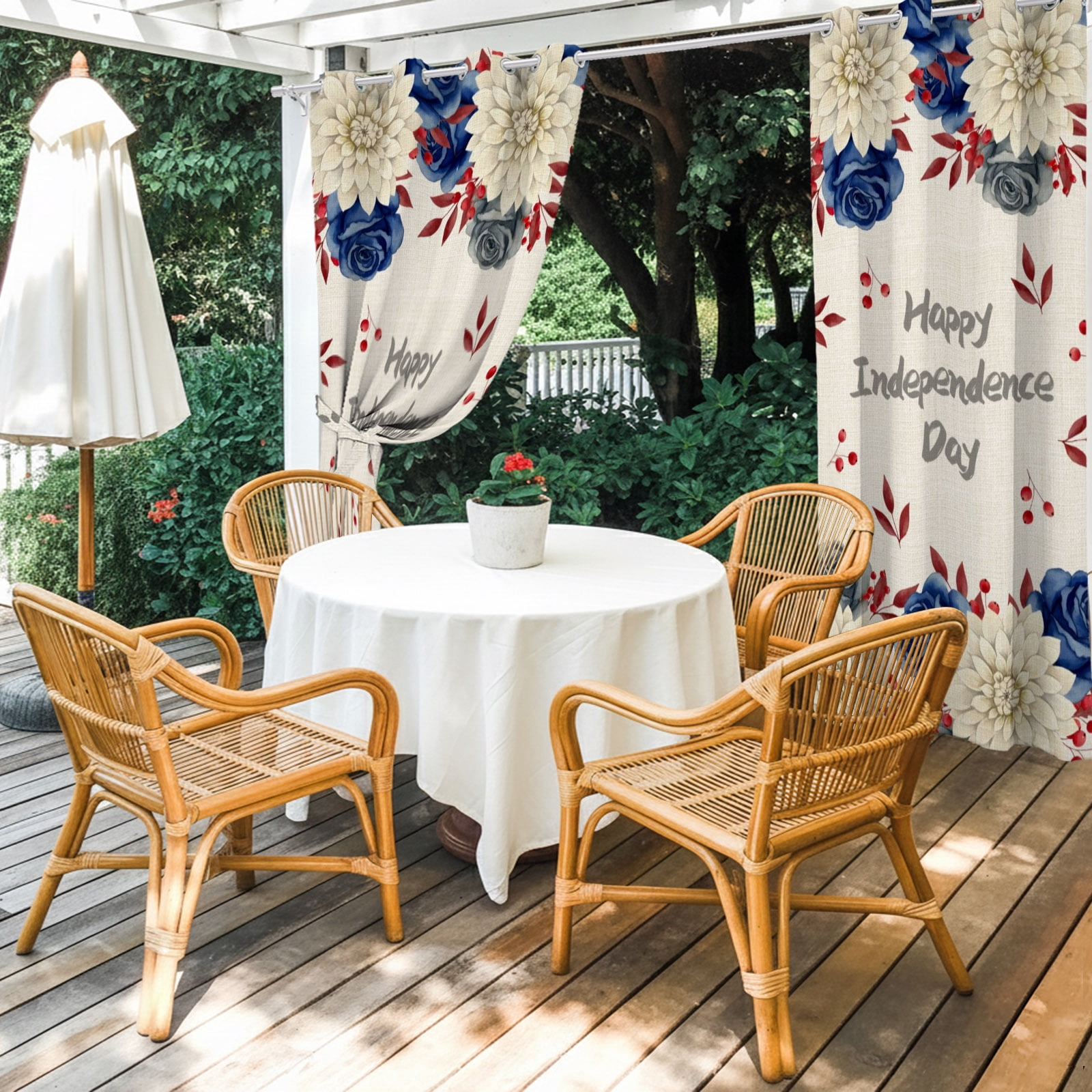 Happy Independence Day Outdoor Curtains for Patio, Red Blue Rose Dahlia Floral Rustic Sunshade Privacy Drapes Grommet Waterproof Outside Curtains for Porch/Cabana/Balcony 54"x 108", 1 Panel