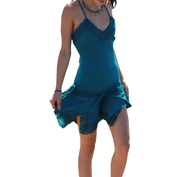 Vestido ajustado para mujer Costura de encaje Dobladillo con volantes Sling Vestido delgado con cuello en V de corte bajo Sunloudy elegante