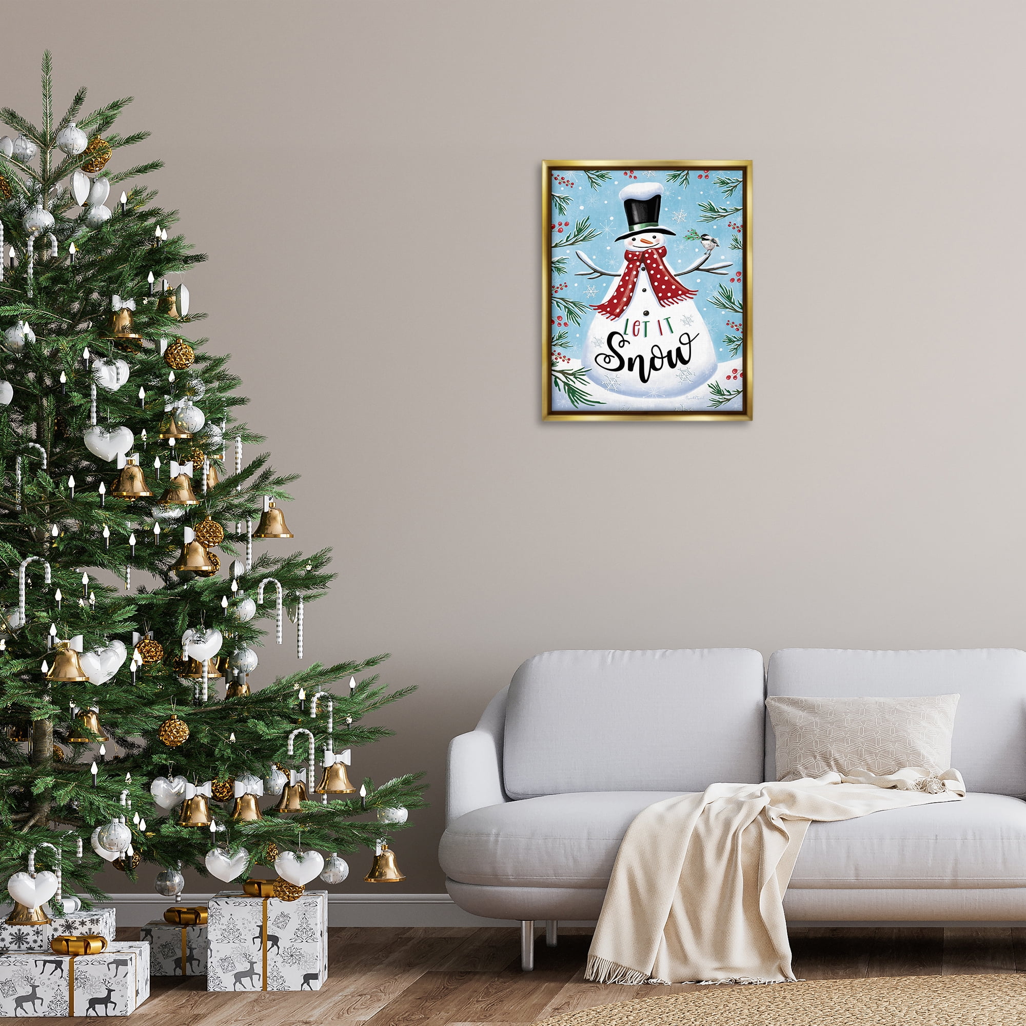 Stupell Industries Let It Snow Phrase Holiday Painting Gold Floater Framed Art Print Wall Art, 25 x 31
