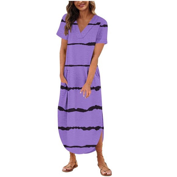 Tumotour Summer Dress For Women Printed Floral Dress Short Sleeve Beach Dress Casual V-Neck Long T-Shirt Dress Travel Vacation