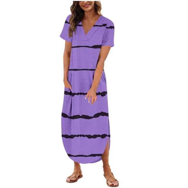 FAIWAD Robe Maxi pour Femmes Col en V Manches Courtes Robe d'Été Ample Fendue avec Poche Imprimé Rayé Décontractée