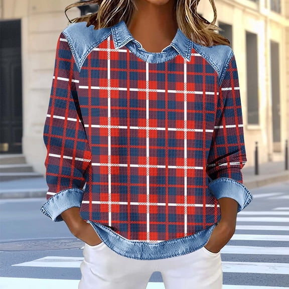 BRGZLK Womens Short Sleeves Sweatshirts Lightweight Patchwork Denim Collared Round Neck Pullover Tops Retro Casual Streetwear Saint Patricks Day Shirt