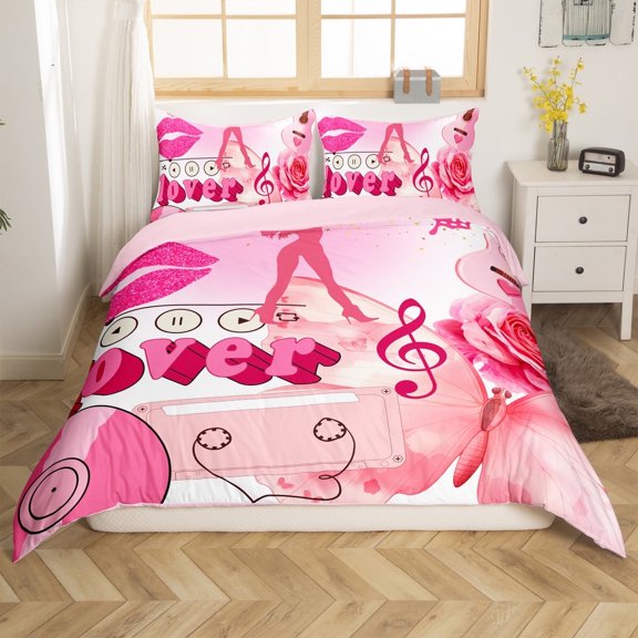Erosebridal Butterfly Flower Comforter Cover Twin,Music Theme Bedding Twin Size,Pink Lips Duvet Cover Twin,Super Cozy Melody Room Decor(No Comforter),Reversible,3pcs
