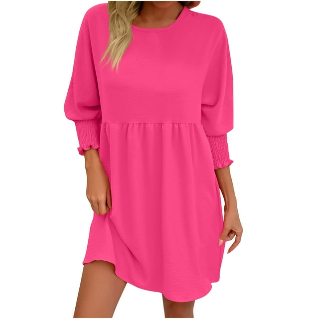 Lovzfmll Robe Poupée à Col Rond de Printemps pour Femme, Couleur Unie, Robe Plissée à Trois Couches, Rose Vif, TG