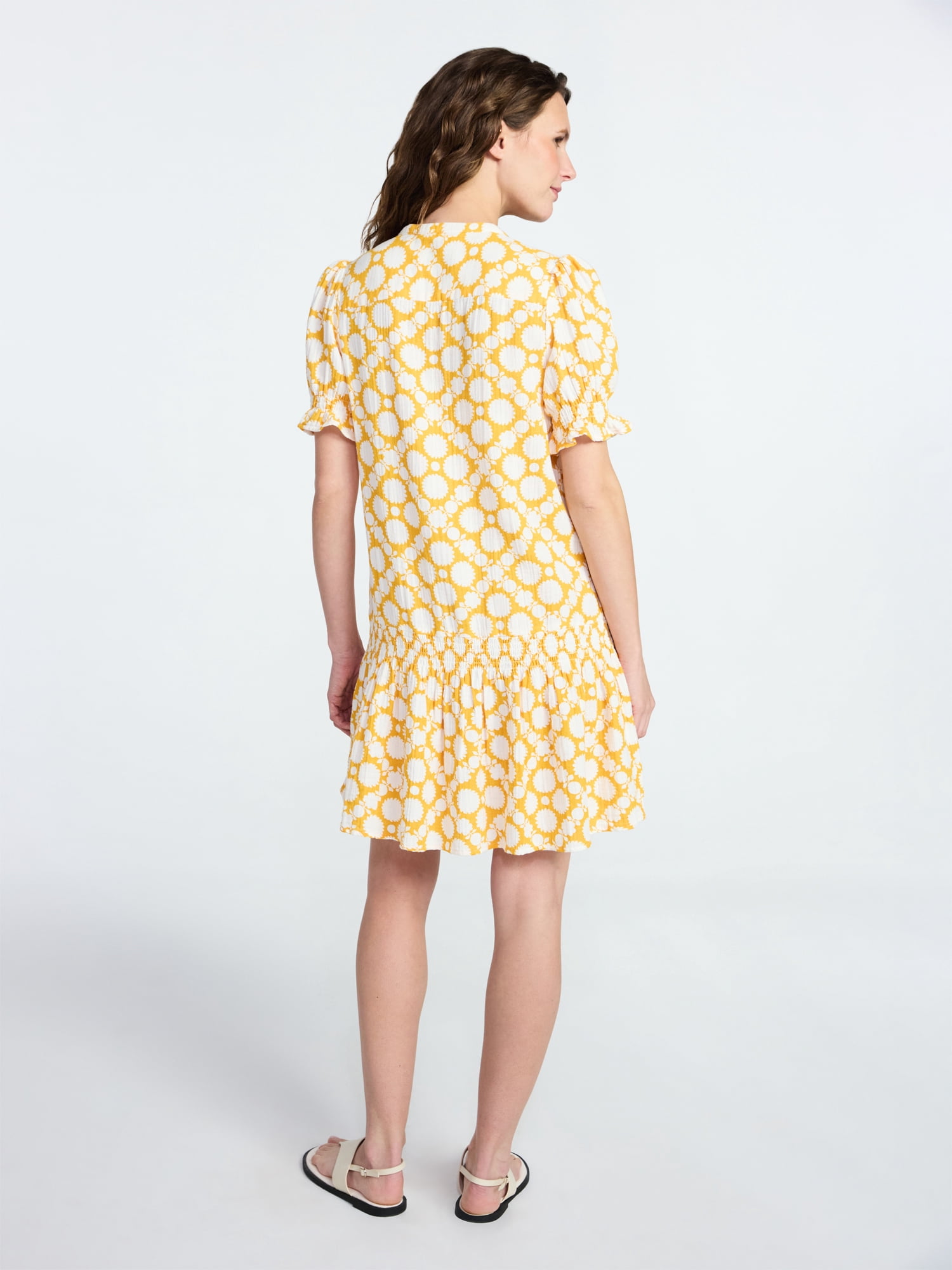 Time and Tru Women's Cotton Double Cloth Drop Waist Mini Dress with Puff Sleeves, Sizes XS-XXXL