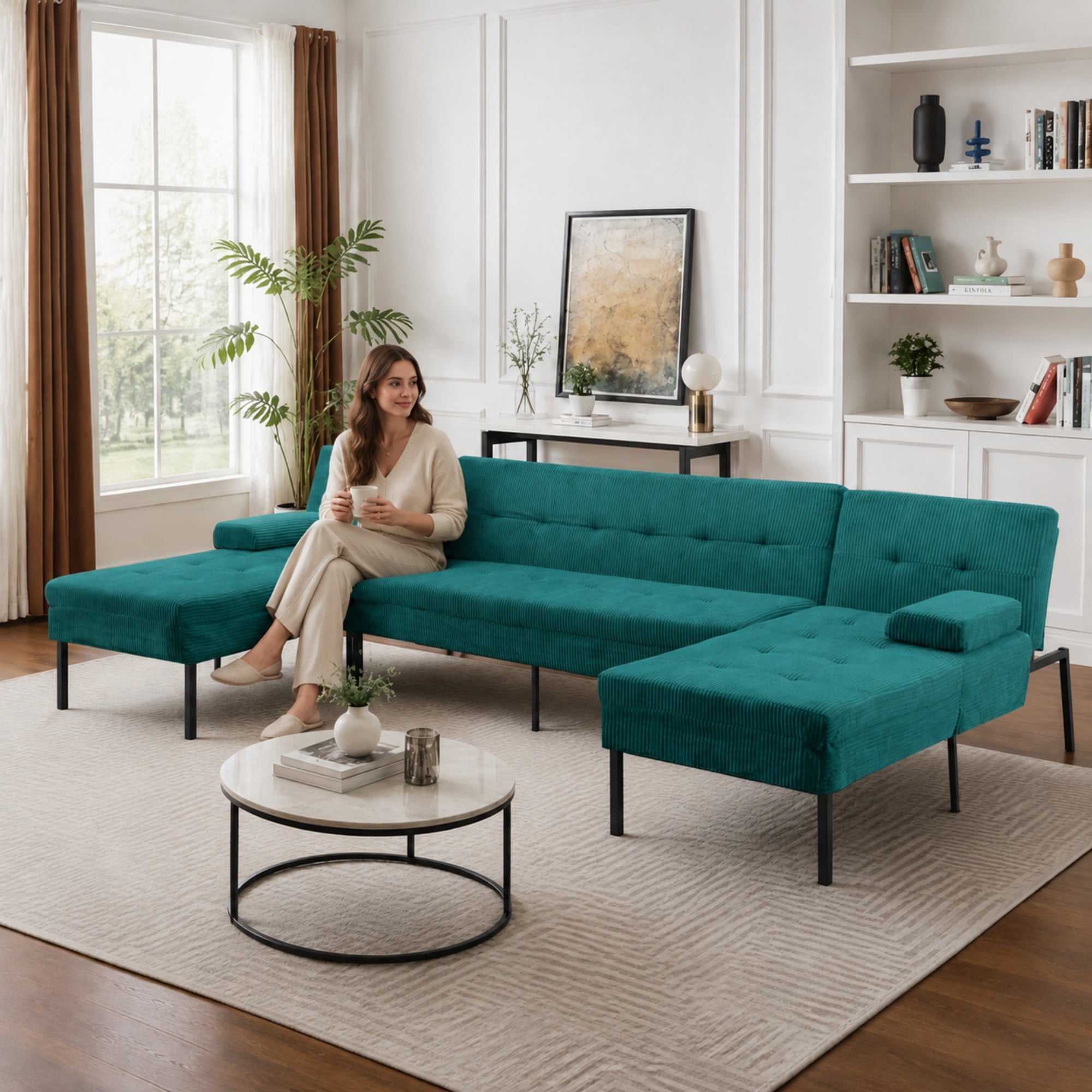 BSHTI 117.13" Soft Corduroy U-Shaped Sectional Sofa Bed with 5-Position Backrest, Comfy Couch for Living Room（Green）