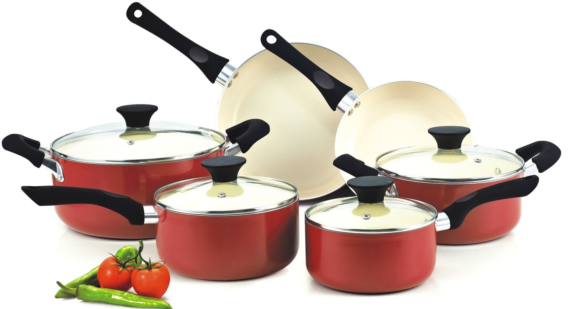 RED COLOR Ecocook Saucepan Set Non Stick White Ceramic Coating & Pan Frying 