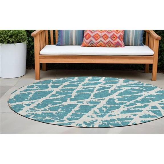 HomeRoots 559330 8 ft. Round Teal Round Abstract Washable Non Skid Indoor Outdoor Machine Woven Area Rug