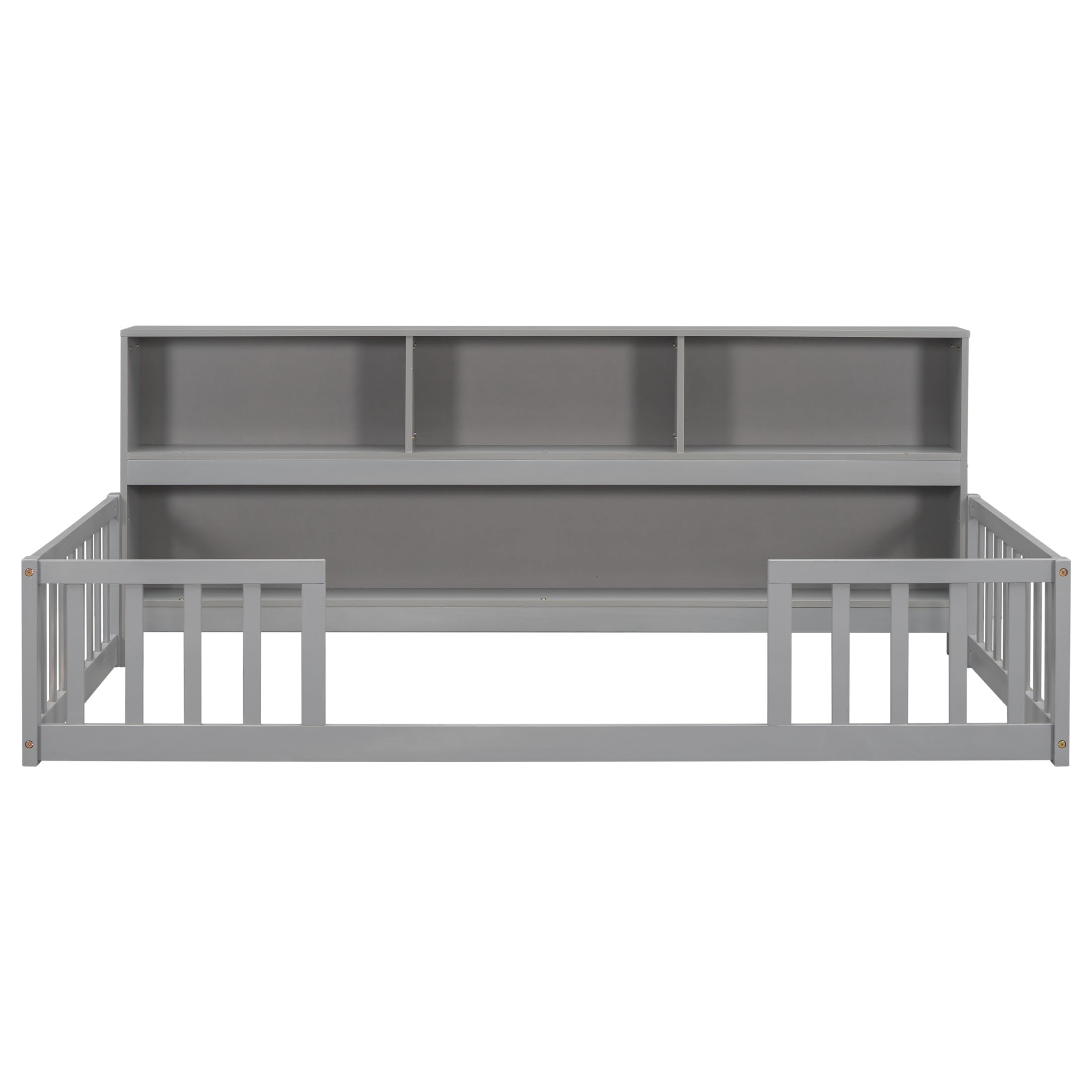 Noble House Lester Twin Size Floor Bed, Pine Wood Frame with Side Bookcase, Shelves, and Guardrails for Kids, Grey