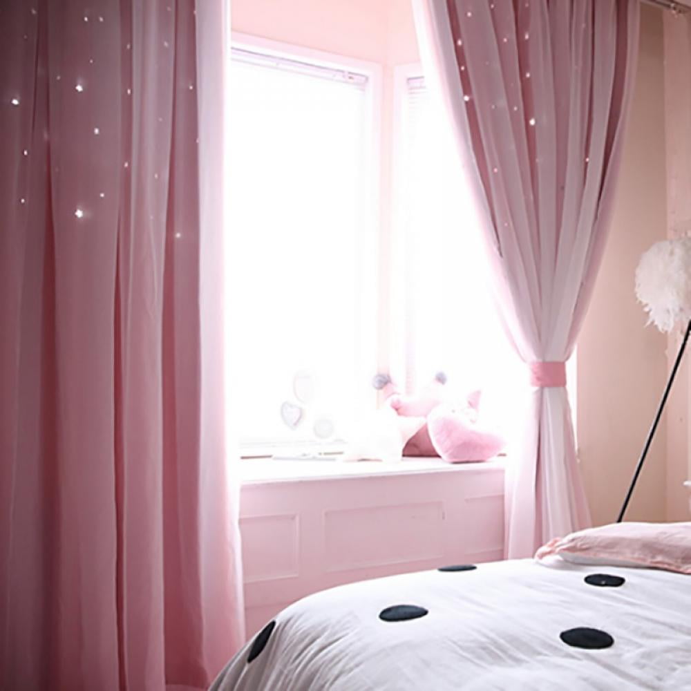 Blackout Curtains, Double Layers Hollow Out Stars Window Curtains,2 in 1 Fabric and Gauze Window Curtains Panel (Pink-Star Cutout,39x78inch)