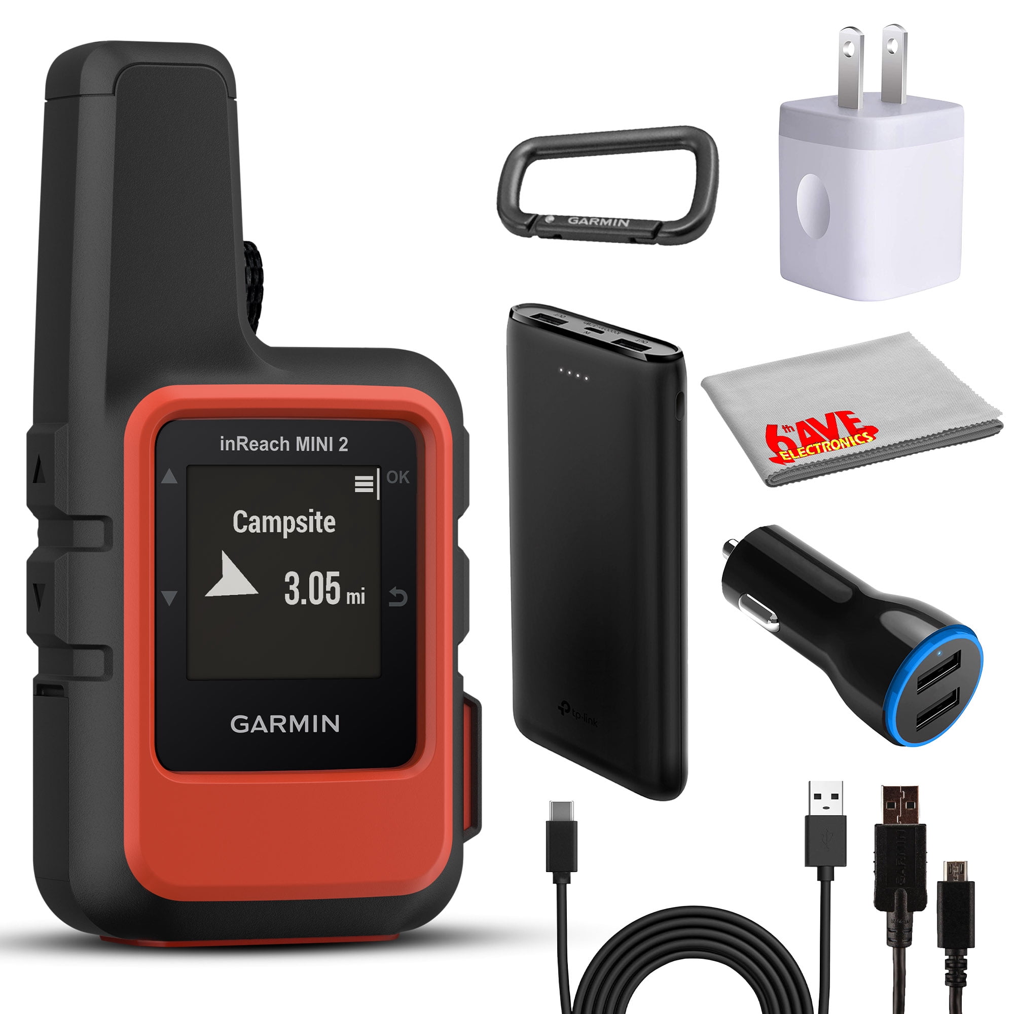 Garmin inReach Mini 2 Satellite Communicator, Lightweight Compact Rugged Design, Portable GPS Handheld For Hiking, Two-way Text Messaging Device Bundle With Accessories (Flame Red)