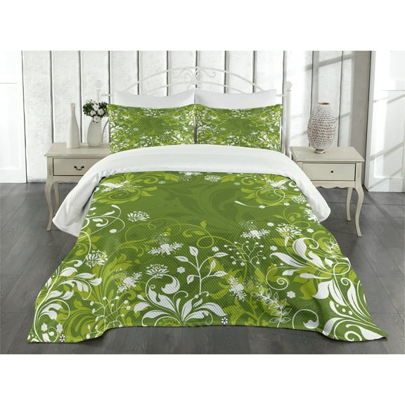 Ambesonne Green Quilted Bedspread Set 3 Pcs, Abstract Floral Nature, Queen Size, Apple Green Fern Green