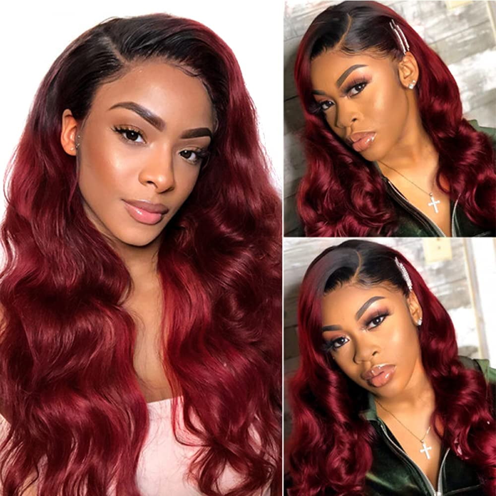 Two Tone Ombre 1B/99J Black to Burgundy Body Wave Hair with Free Part Lace Closure 100% Unprocessed Brazilian Remy Virgin Human Hair Bundles 24"26"28" with Closure 22"