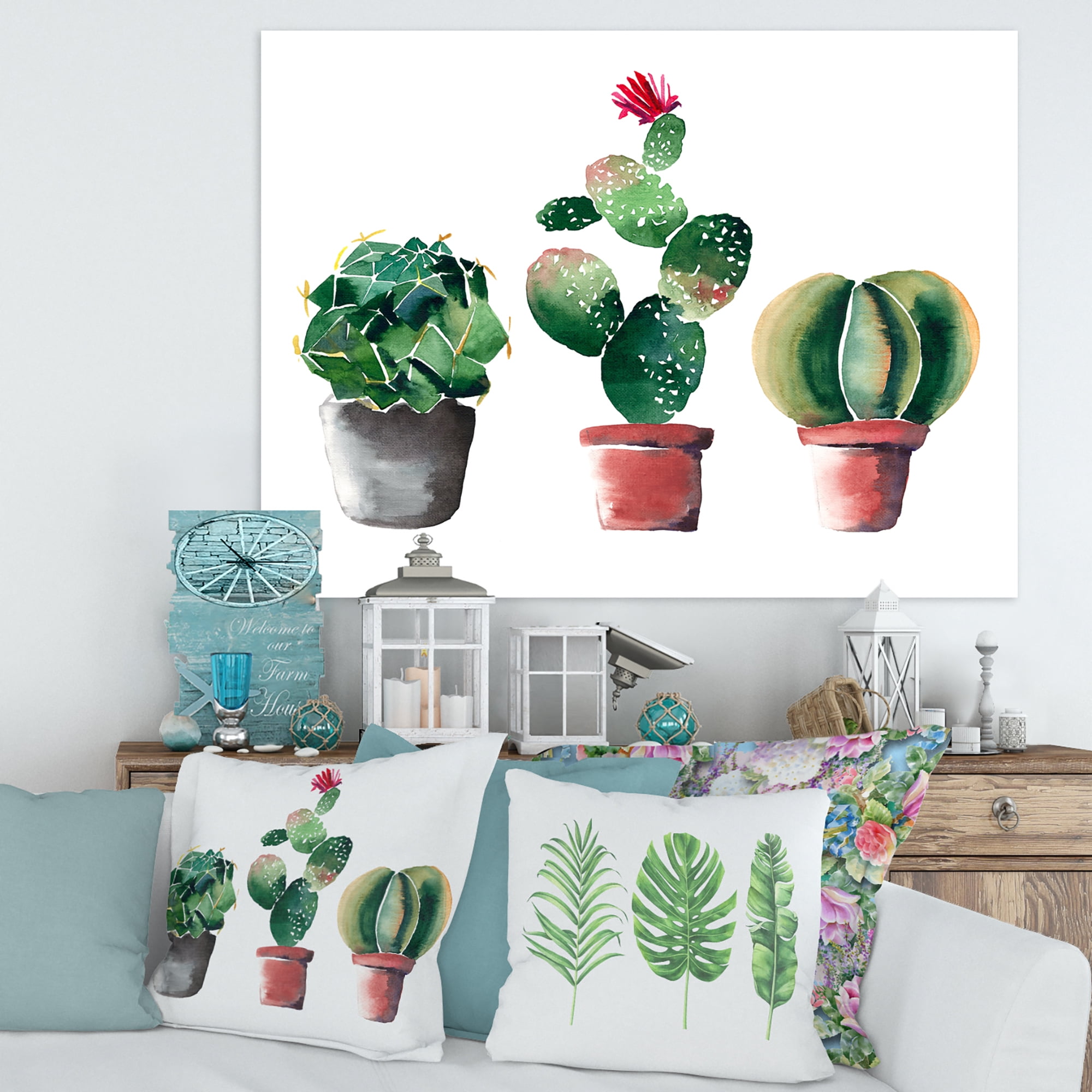 Designart ' Three Cacti In Clay Pots On White ' Traditional Canvas Wall Art Print