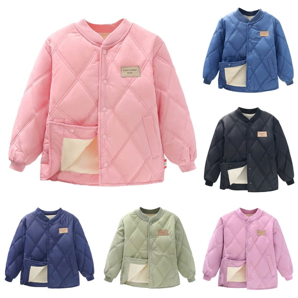 MKOSPLRT Quilt Bomber Jacket for Kids 3-15Y Button Up Warm Puffer Winter Coats Solid Long Sleeve Fleece Lined Thick Outwear with Pocket