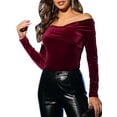 thumbnail image 1 of Blusa de terciopelo de mujer Inspire Chic, de ajuste ceñido, de manga larga y sin hombros, 2XL, burdeos, 1 of 7