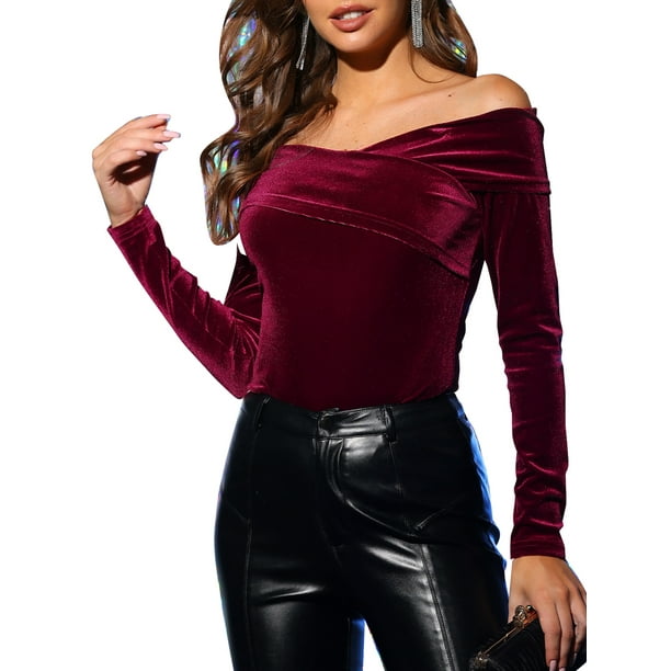 BLUSA DE VELVET PARA MUJER INSPIRE CHIC, AJUSTE CEÑIDO, MANGAS LARGAS, OFF-SHOULDER, TALLA 3XL BURDEOS