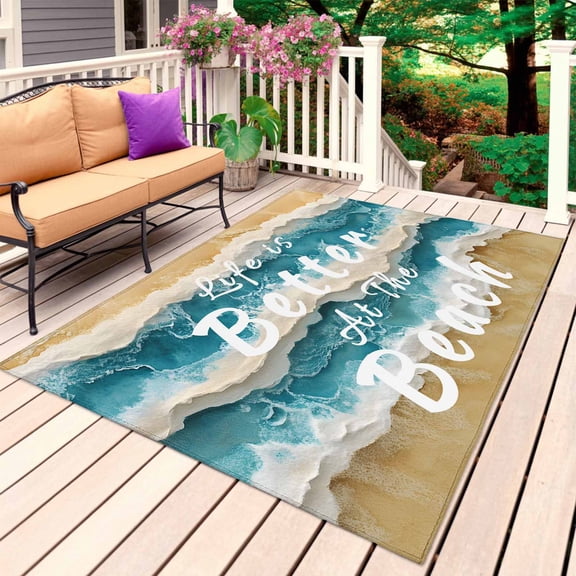 Life Is Better at The Beach Outdoor Rug 5x7 Ft, Non Slip Washable Area Rug, Beige Blue Coastal Seaside Patio Rugs Carpet Runner, Large Floor Mat for Indoor/Outdoor Deck Porch Camping