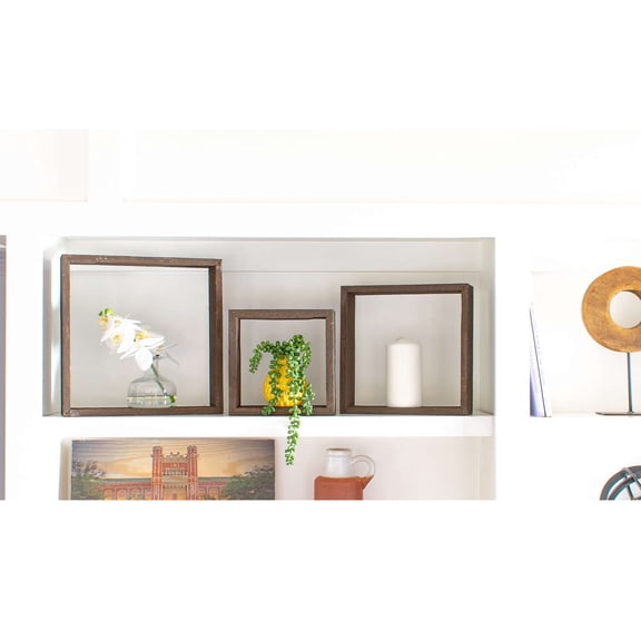 BARNWOODUSA Espresso Rustic Shelves, Square Floating Wood Shadowbox, Home Decor, Set of 3