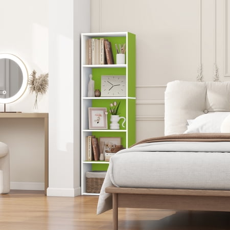 HOMLUX 5-Tier 52" Engineered Wood Bookcase, Storage Bookshelf for Study Office, White & Green