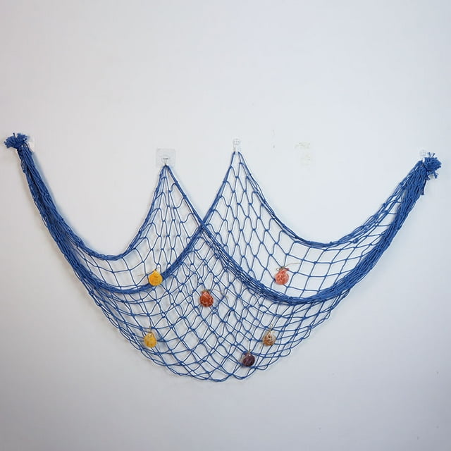 Nvzi Red de pesca de conchas de 78,7 x 39,37 pulgadas para decoración de pared - Red colgante de algodón estilo mediterráneo para fotos, ideal para decoración de fiestas, 1 pieza, color azul.