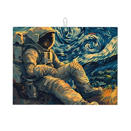 

Honeii Astronaut Starry Night Print Kitchen Drying Mat Coffee Bar Mat Hide Stain Coffee Maker Mat for Countertops Coffee Pot Dish Drying Mat