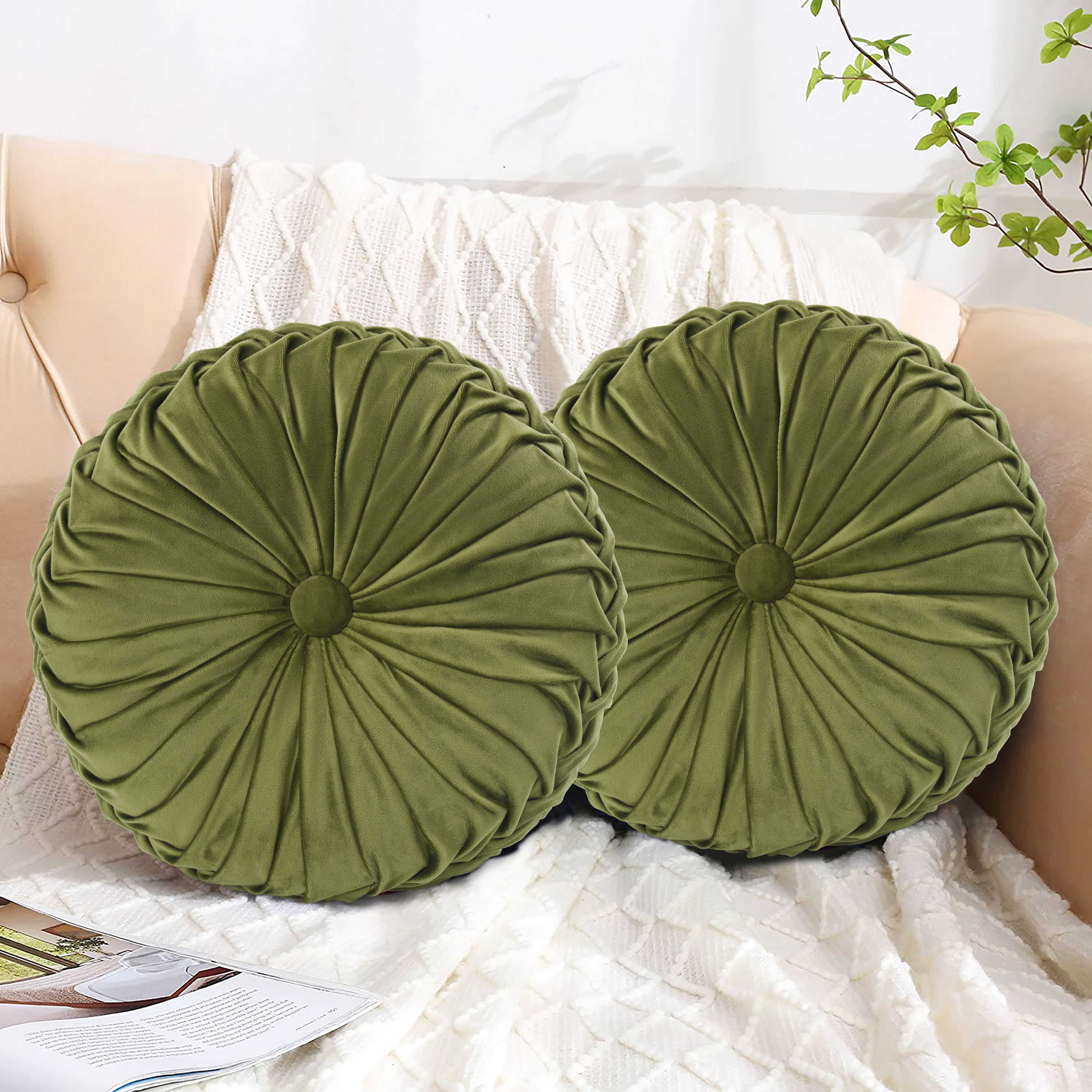 HIG Set of 2 Pumpkin Pleated Round Throw Pillows, Soft Velvet, Olive, 14.5" Diameter