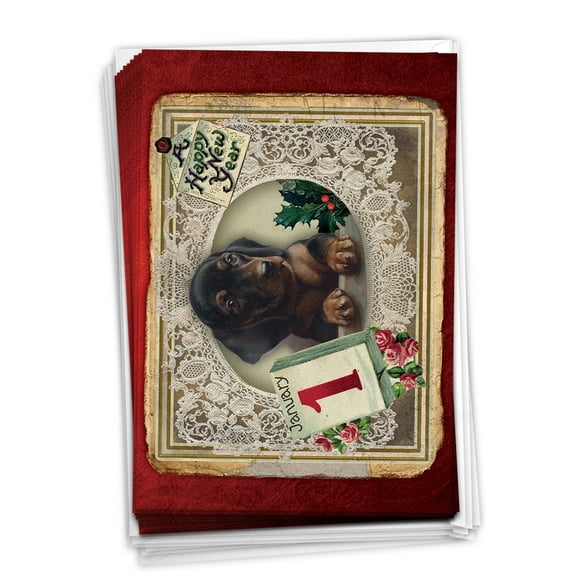 NobleWorks - 12 New Year Cards Boxed (1 Design, 12 Cards) - Lacy Holidays B1760GNYG (Greeting Card)