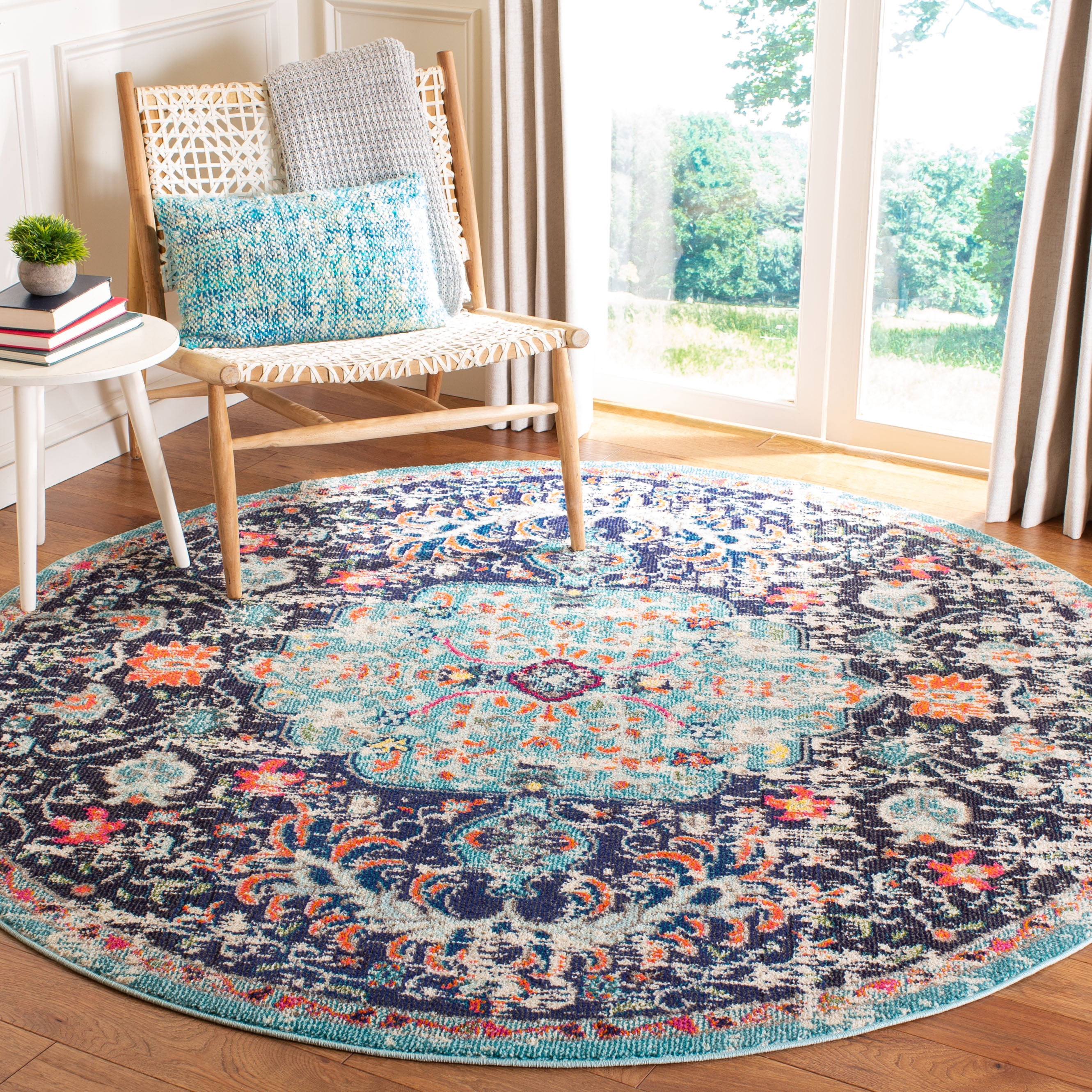 SAFAVIEH Madison Joandra Vintage Floral Area Rug, Black/Teal, 3' x 3' Round