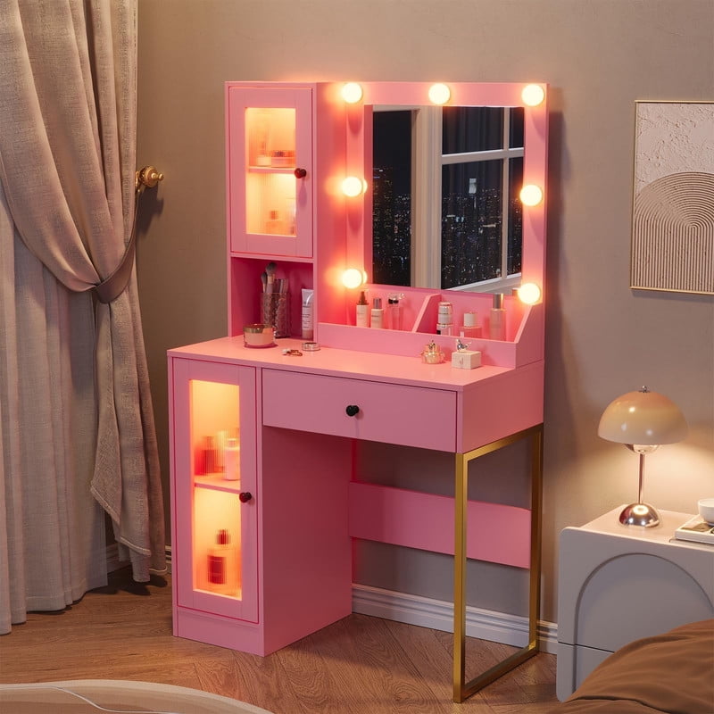 TROPOW Vanity Desk with Mirror and Lights Elegant Makeup Vanity Table with Drawers & Cabinets, Storage, Sturdy MDF Top, Adjustable Brightness Bulbs, Built-in Power Outlet & USB Ports,Pink
