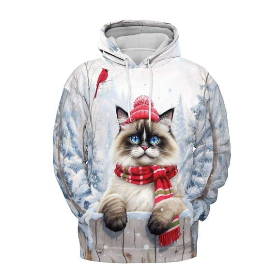 Playful Ragdoll Welcomes Winter Snowy Day with Cardinal Bird All Over Print 3D Hoodie Unisex Merch Hoodies Cat Lover Kitten Owner Gifts Idea - 2017