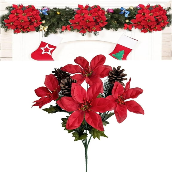 7 Stems Artificial Poinsettia Bouquet Tutuviw Faux Christmas Flowers 7 Heads Poinsettia Bushes with Pinecones for Indoor Outdoor Xmas Porch Home Garden Decorations (Red Poinsettas)