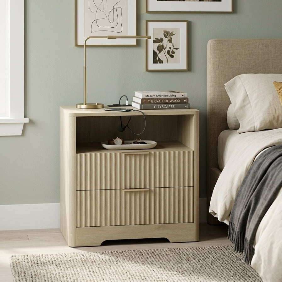 Aukfa Smart 2 Drawer Nightstand with Voice Control & Charging Station,7-Color LED Bedside Table for Bedroom,Natural