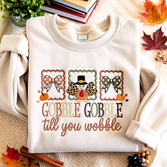 Gobble Gobble Till You Wobble Embroidered Sweatshirt, Funny Thanksgiving Turkey Embroidery Shirt, Thankful Gifts, Fall Season Tee