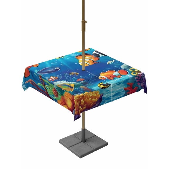 Outdoor Tablecloth with Umbrella Hole, Ocean Fish Coral Seaweed Cartoon Style Zippered Table Cloth for Rectangle Tables, Blue Underwater World Washable Waterproof Tablecloths for Picnic Patio Garden