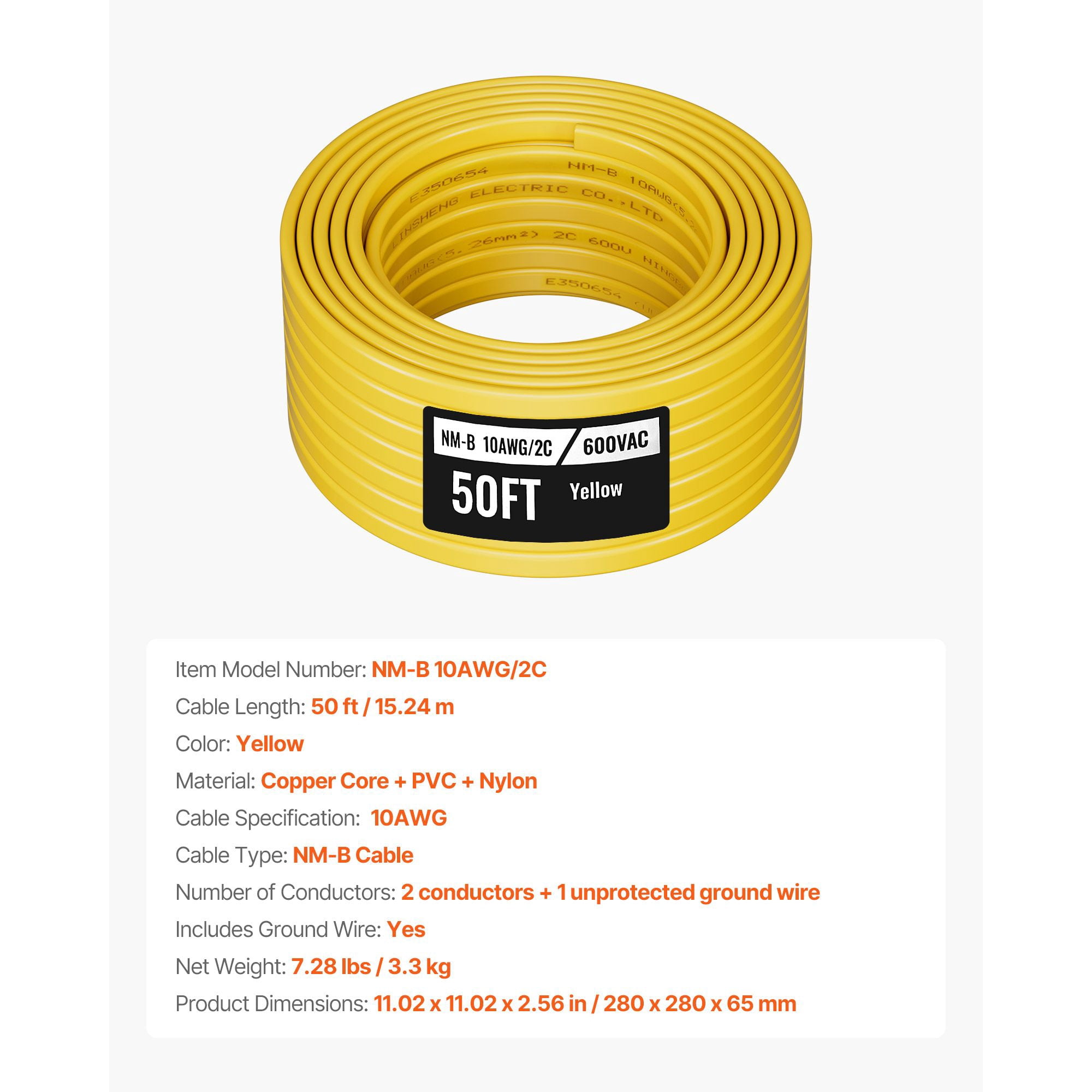 50 FT Copper Core NM-B Cable, High-Purity Copper, Flame Retardant PVC Sheath, for Residential Commercial Wiring