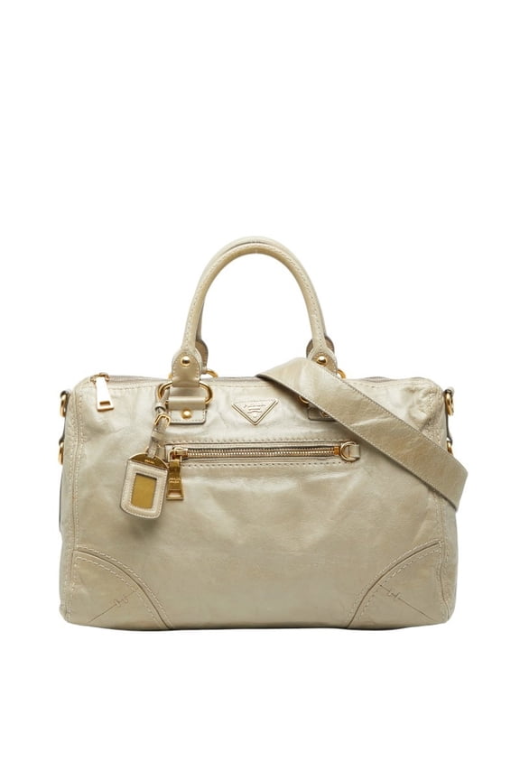 Pre-Owned Prada Triangle Logo Plate Handbag/Shoulder Bag, 2-Way, Beige Leather,... (Good)