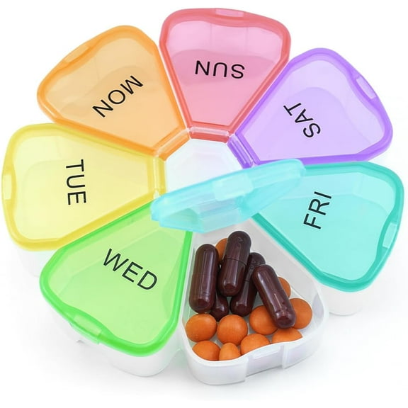 888 Cute Weekly Pill Organizer Travel 7 Day Portable Round Floral Pill Case Box Pill Container Medcine Holder for Large Vitamin Fish Oil Pill Medication Supplement Storage - Rainbow