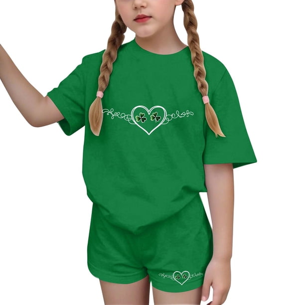 Vestido de manga corta para niños Día de San Patricio impreso manga corta cuello redondo y pantalones conjunto, vestido de niños casual