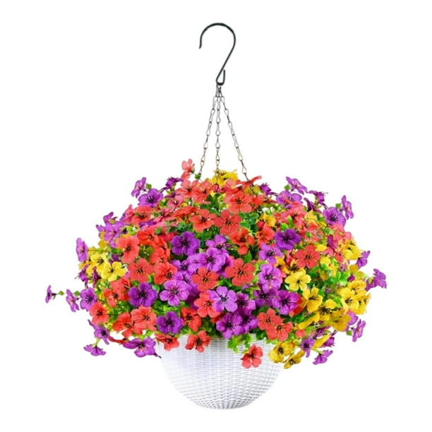 Cesta de flores artificiales colgantes con plantas artificiales, maceta colgante realista para primavera, balcón, habitación y patio. Estilo D